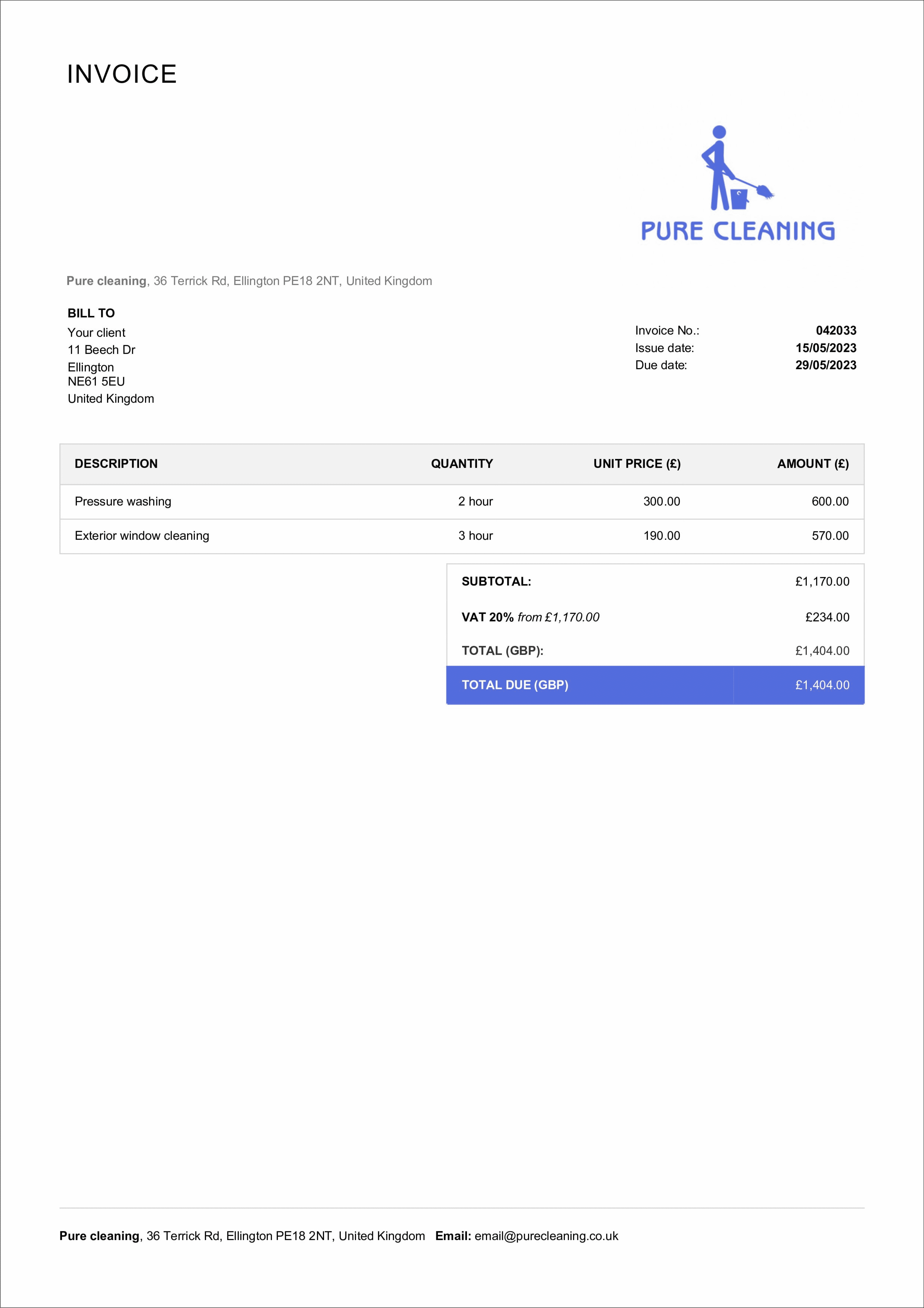 cleaning invoice template example for uk