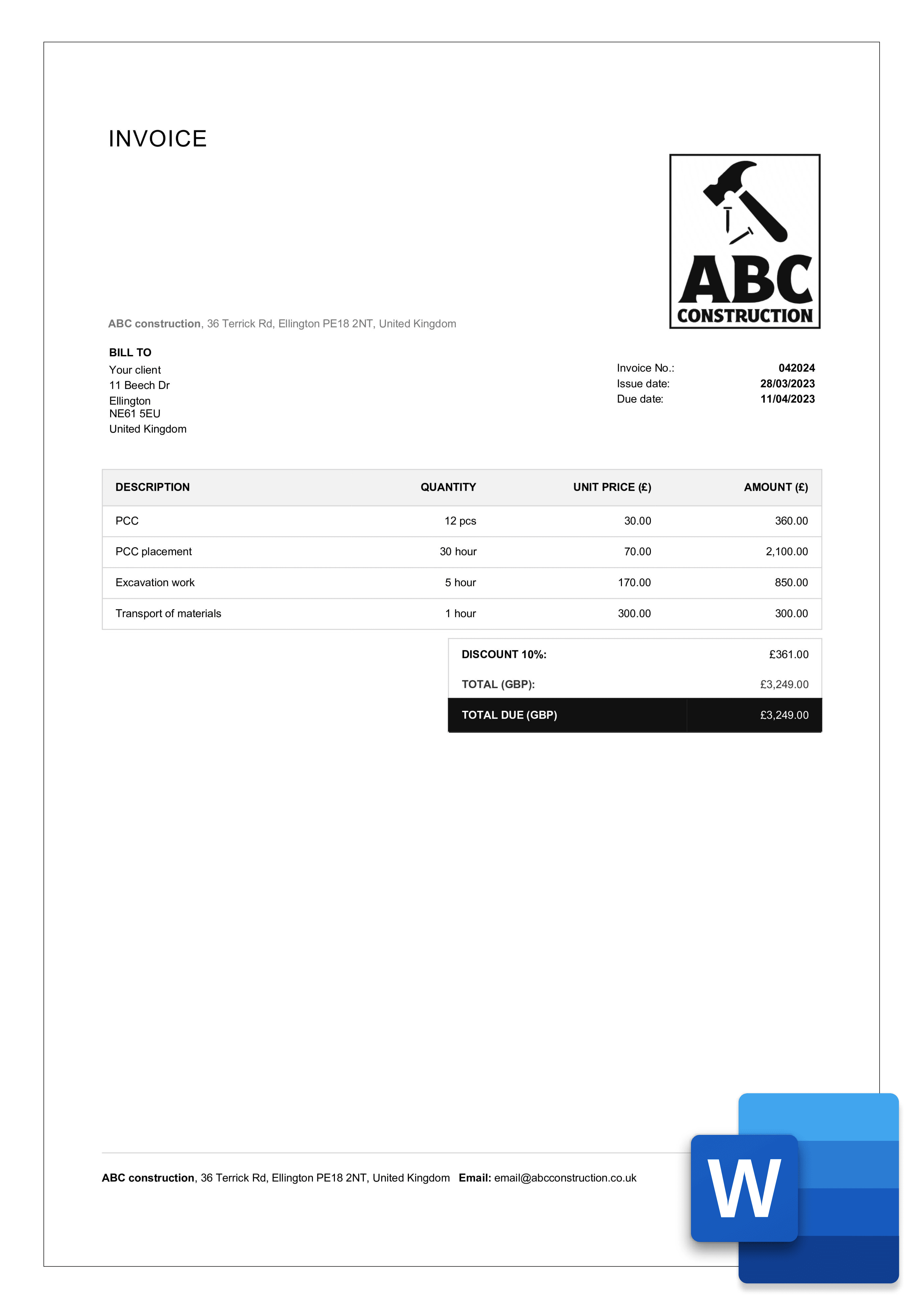 construction invoice template example in word