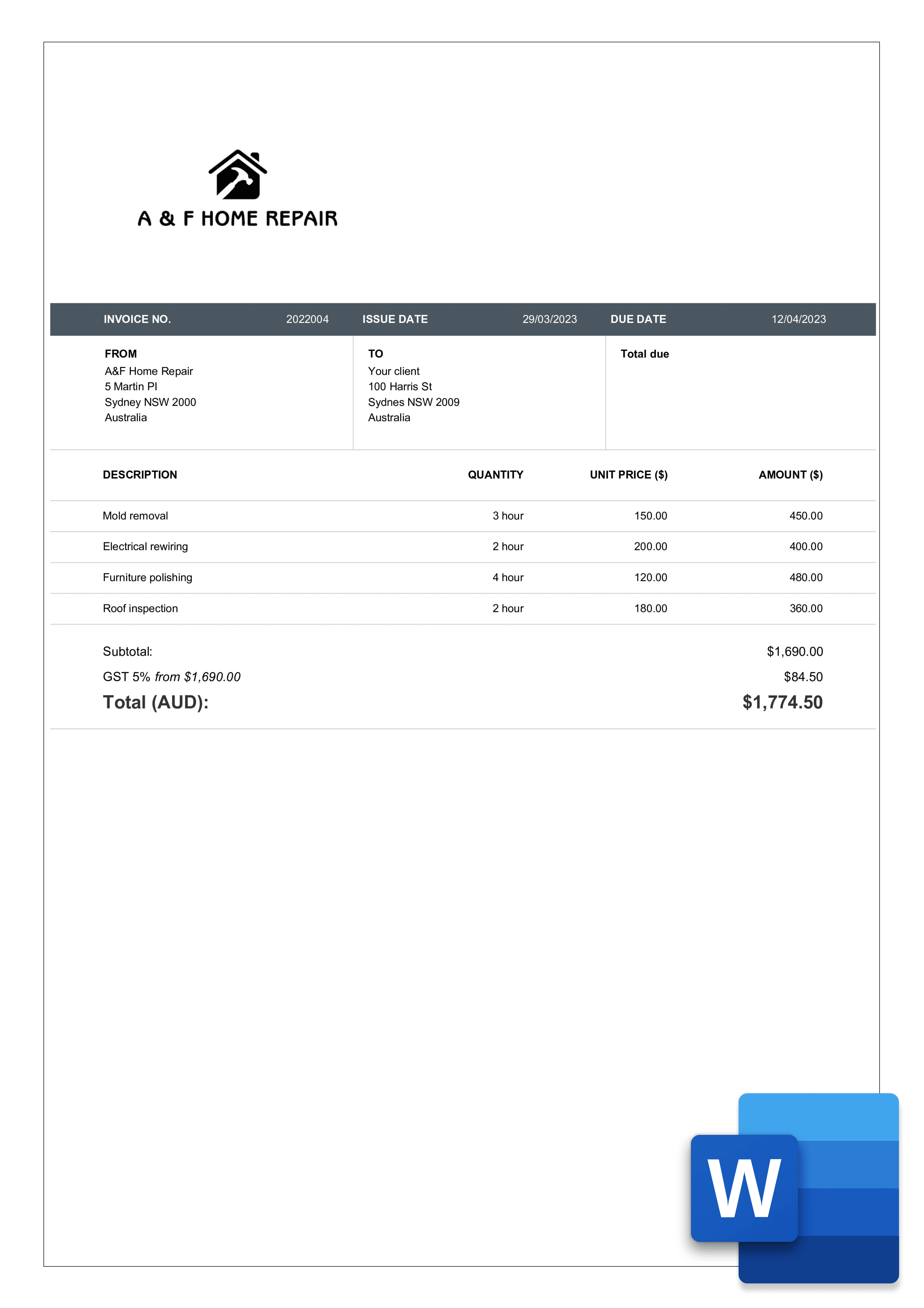 download word construction invoice layout