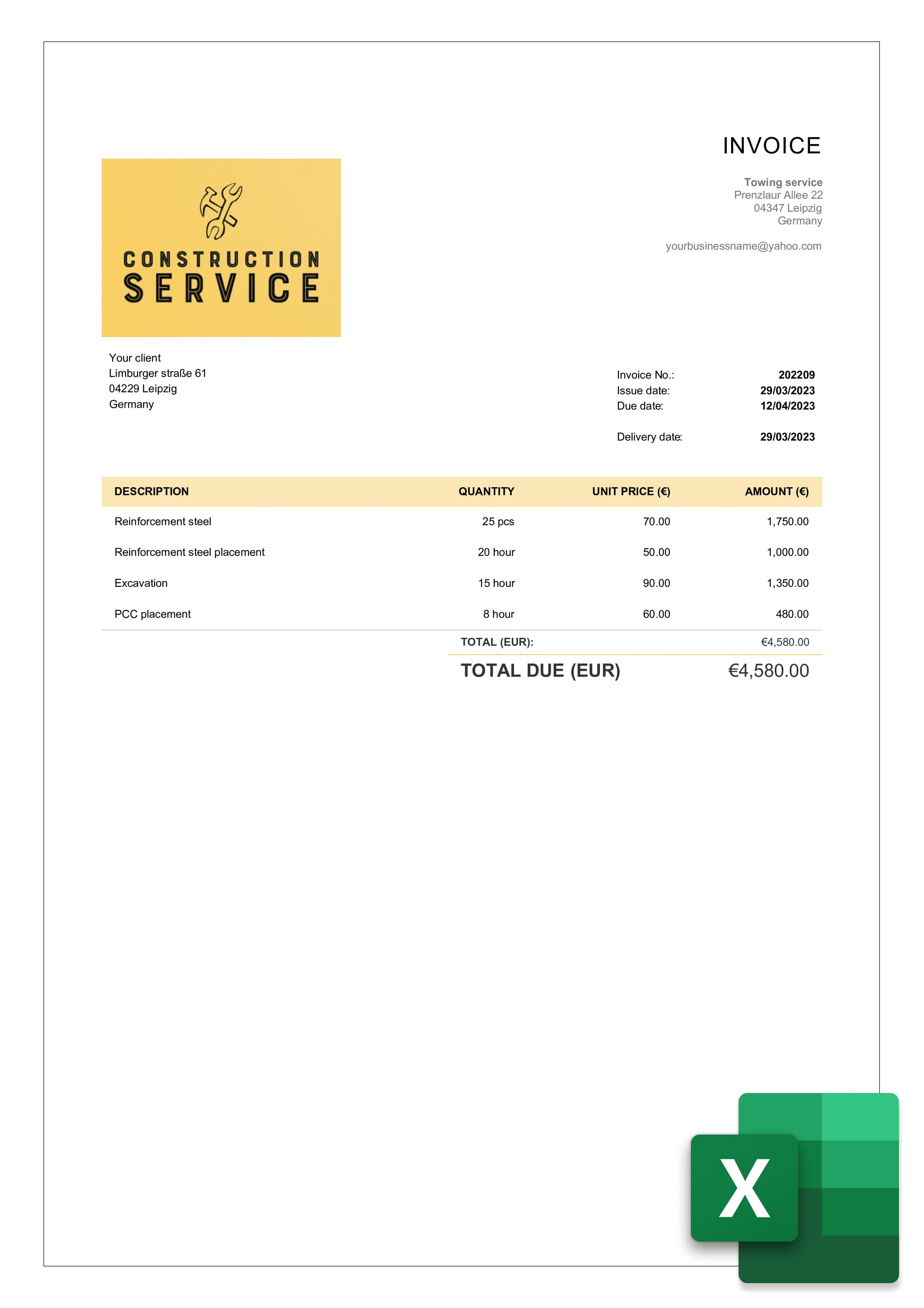 excel construction invoice sample