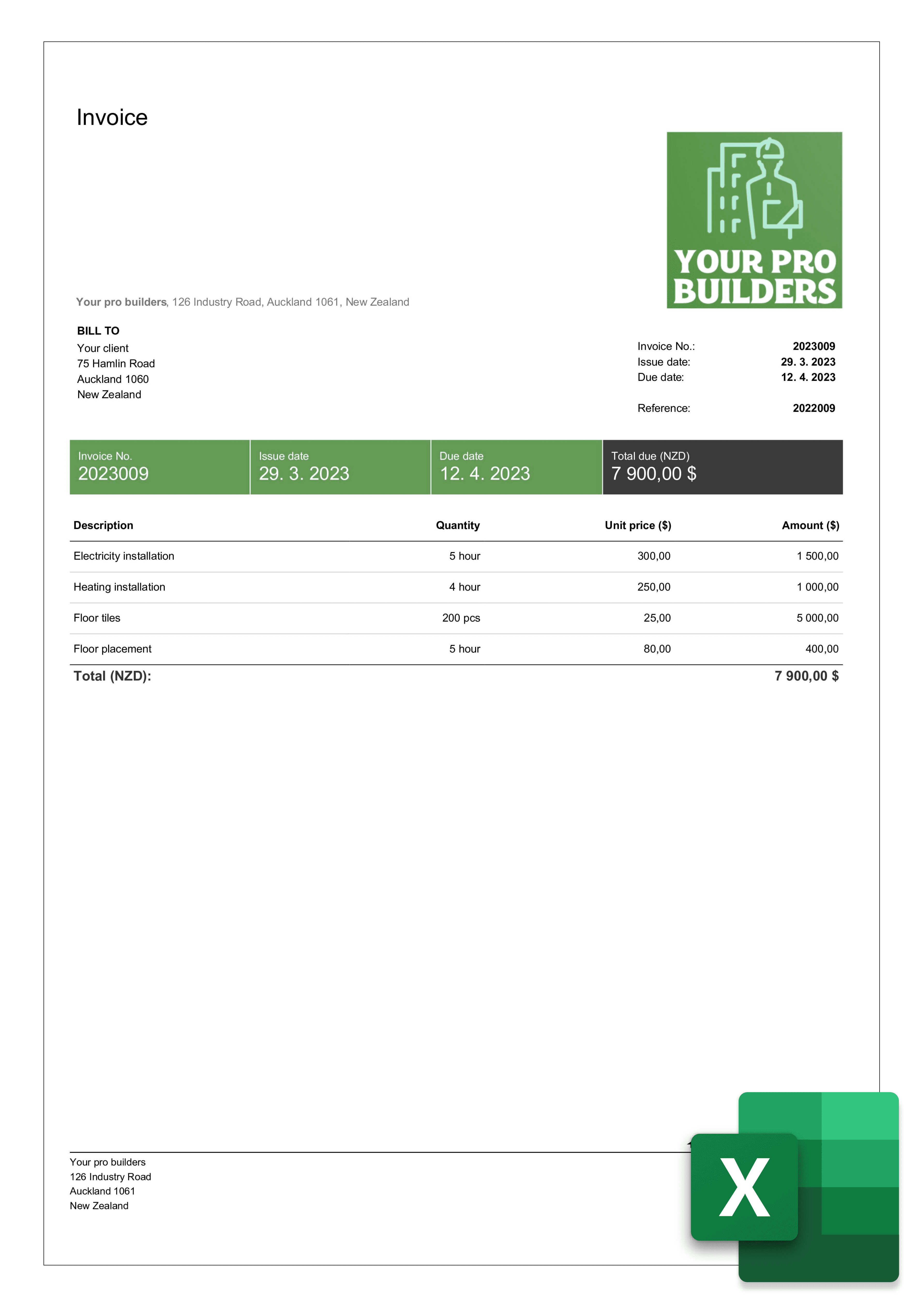 free construction invoice template in excel