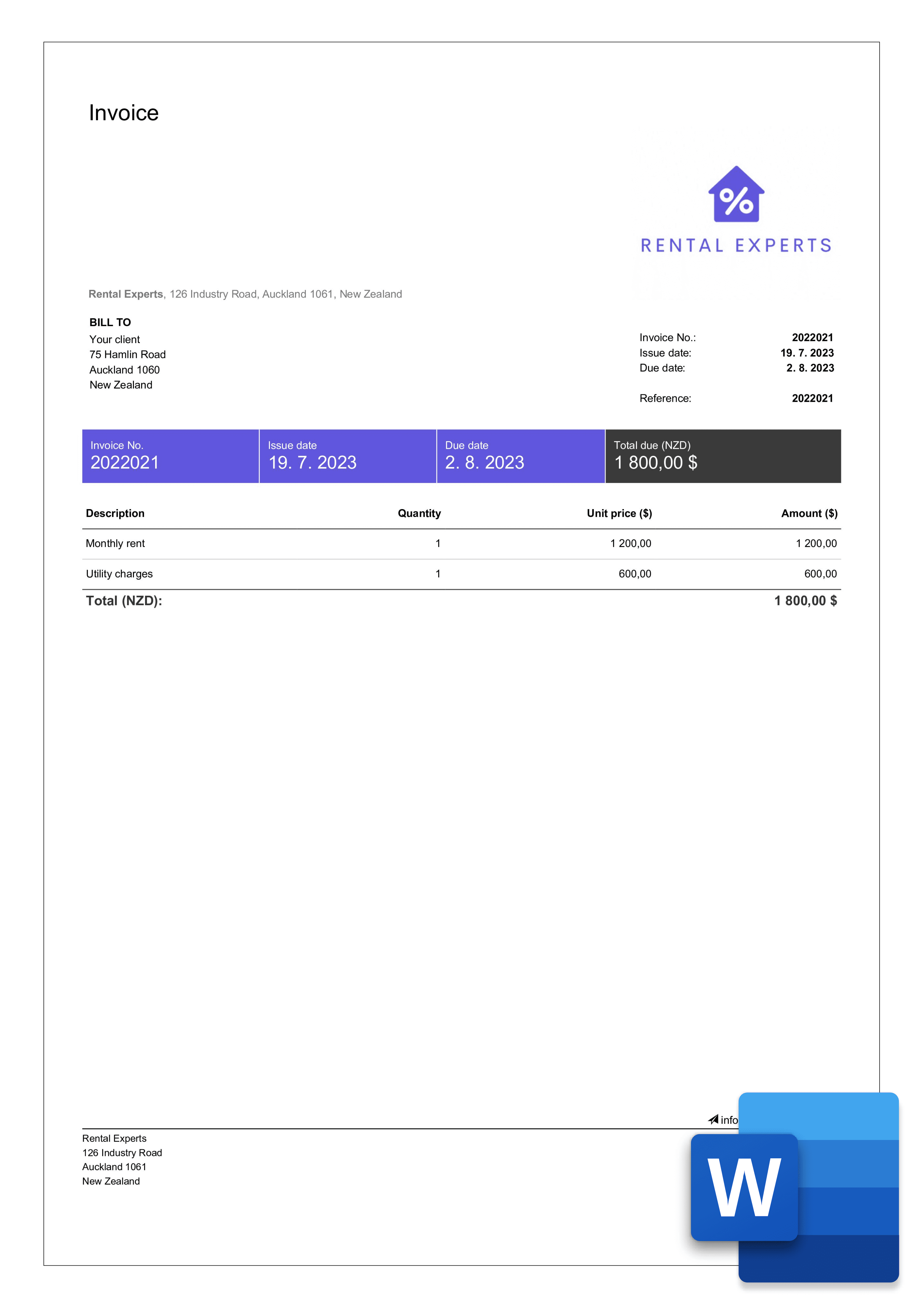 free rental invoice template in word