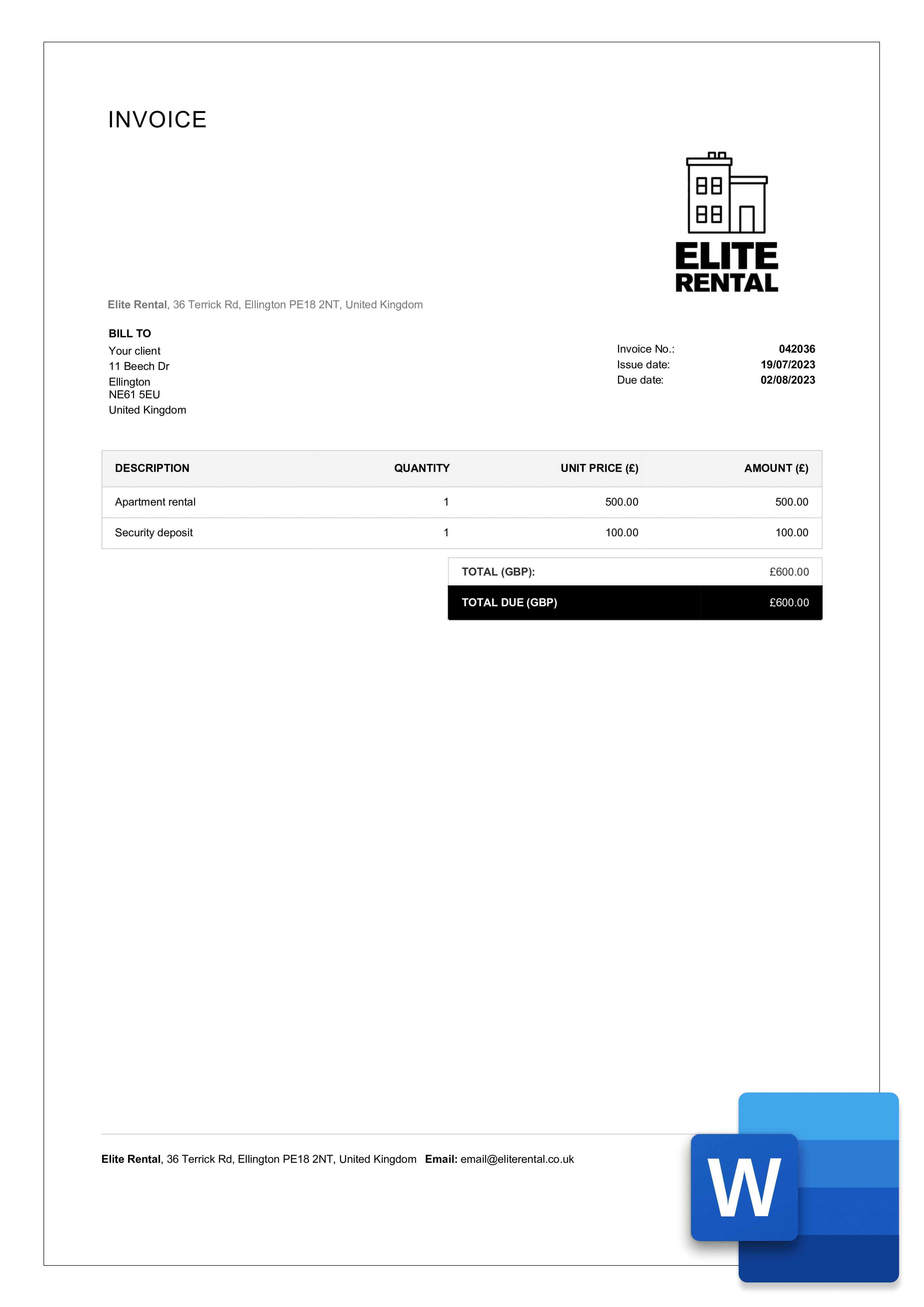 rental invoice template example in word