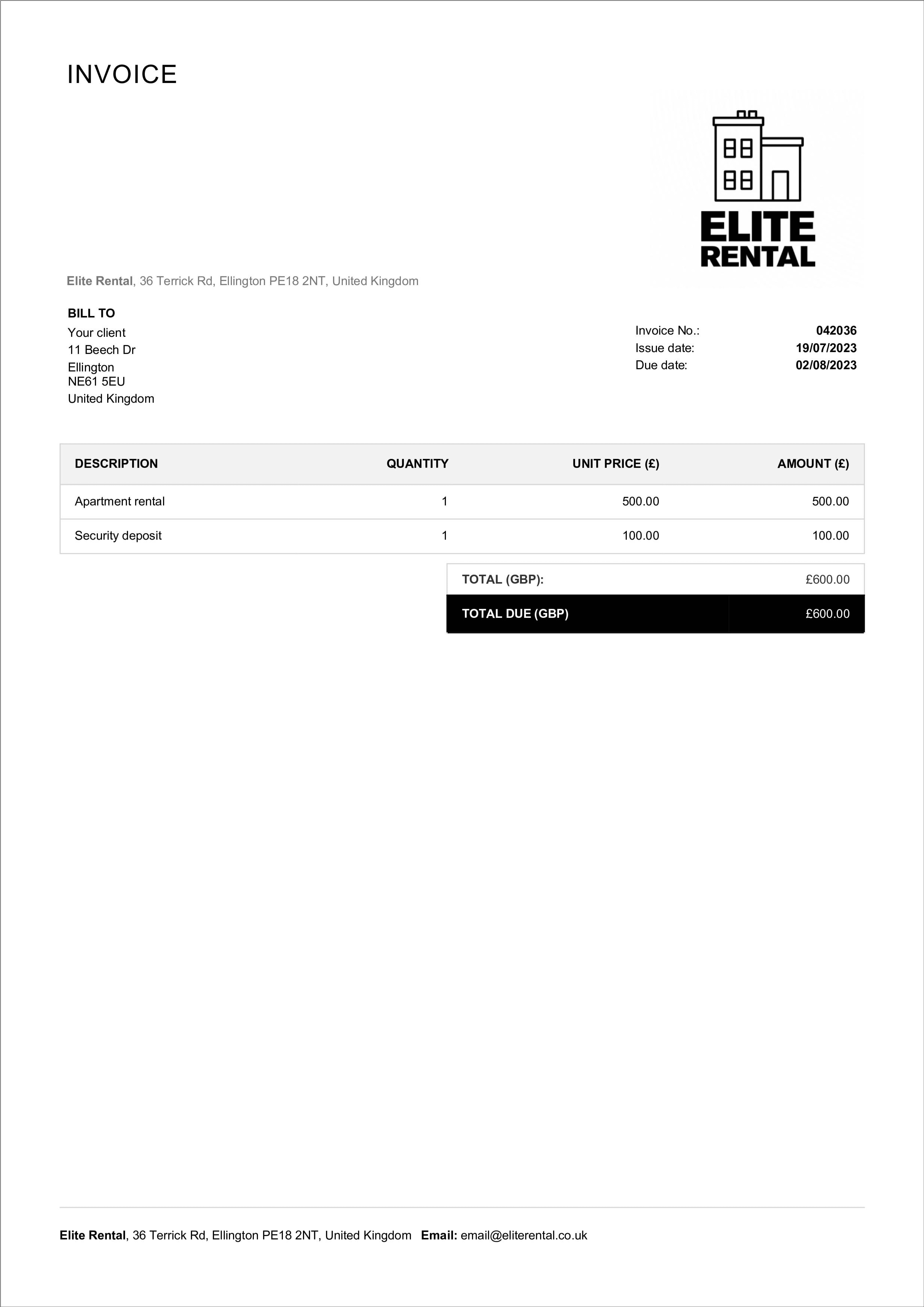 rental invoice template example