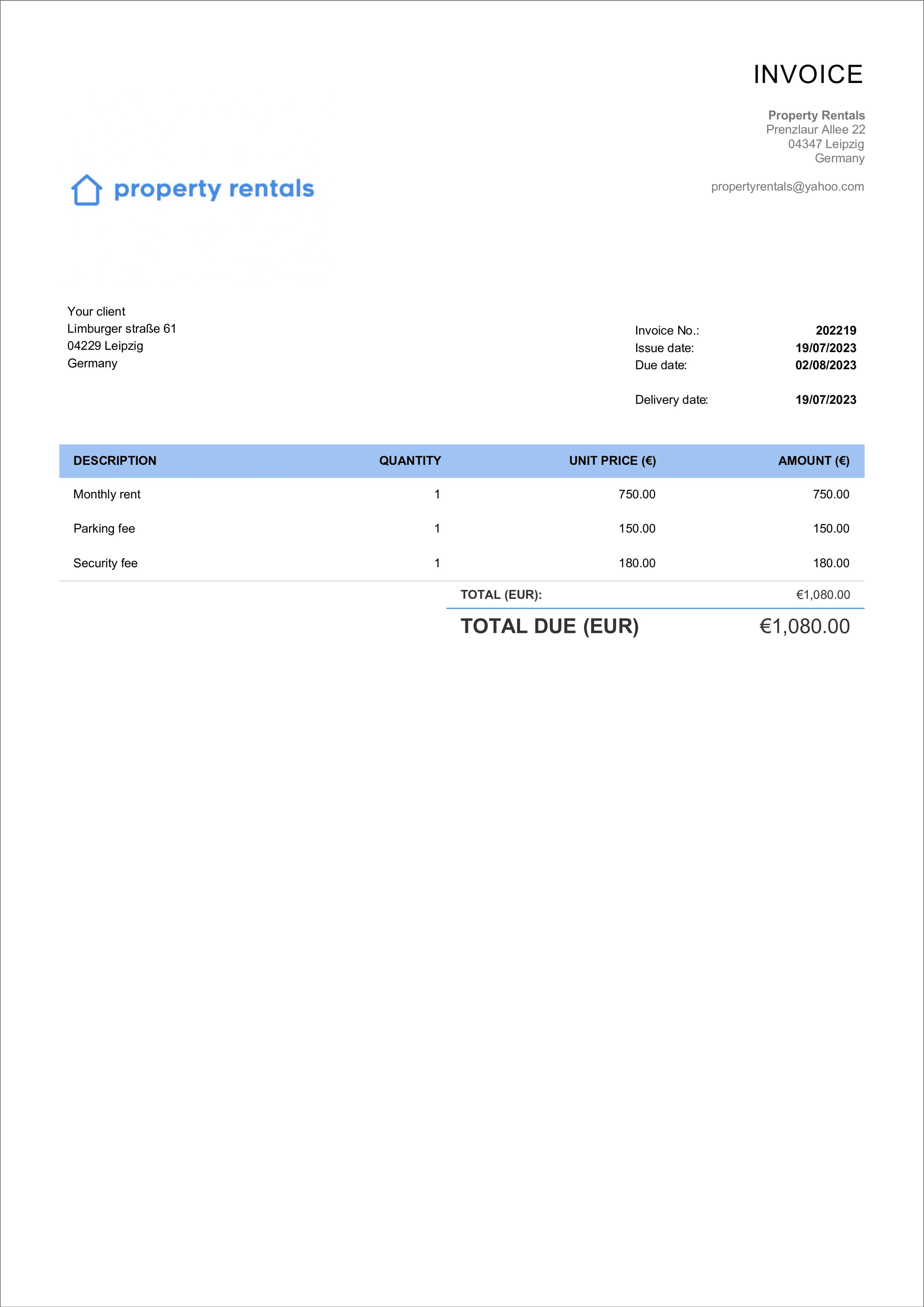 rental invoice template sample