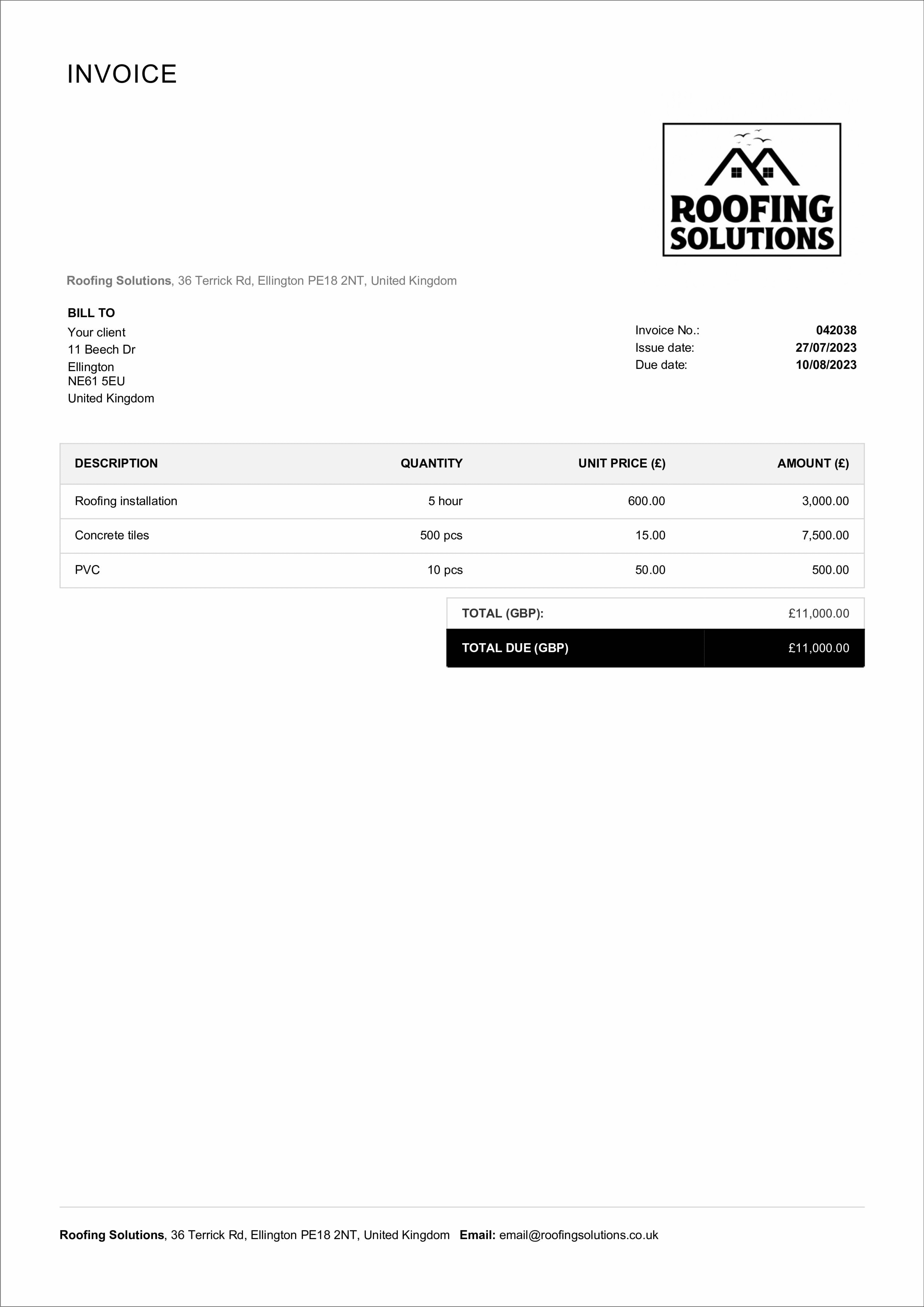 roofing invoice template example