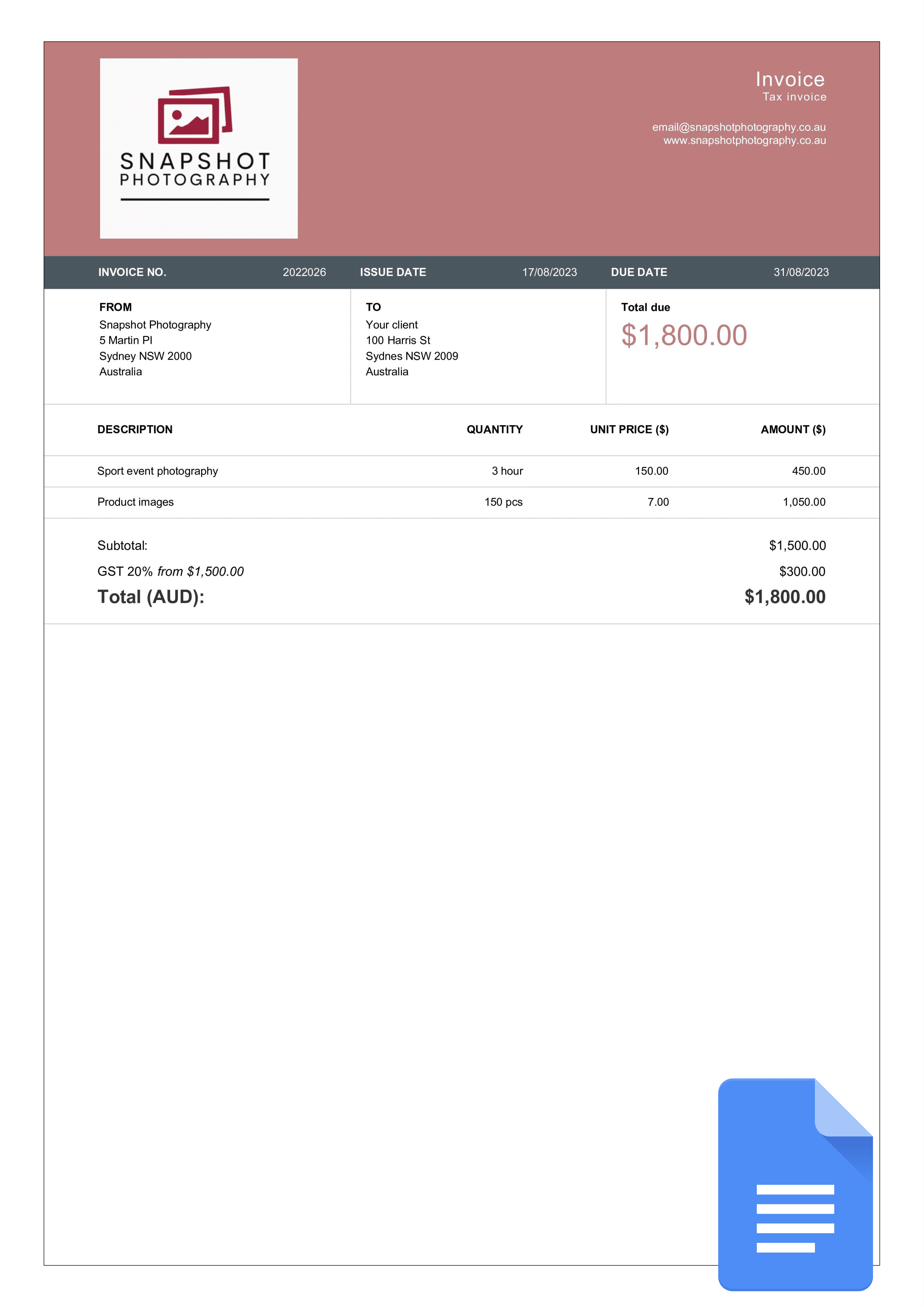 Free Photography Invoice Templates in Google Docs Billdu