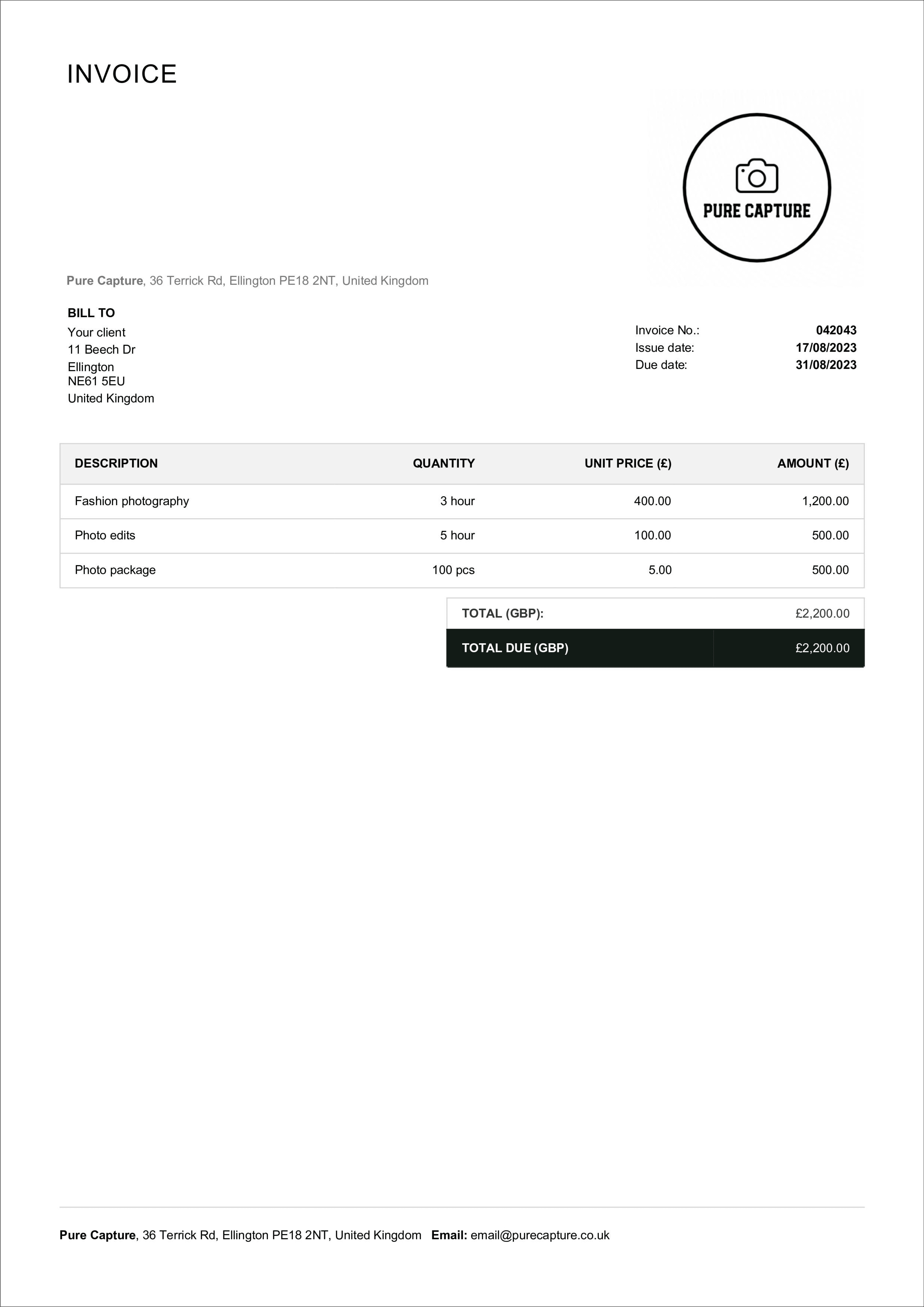 free photography invoice template example for united kingdom