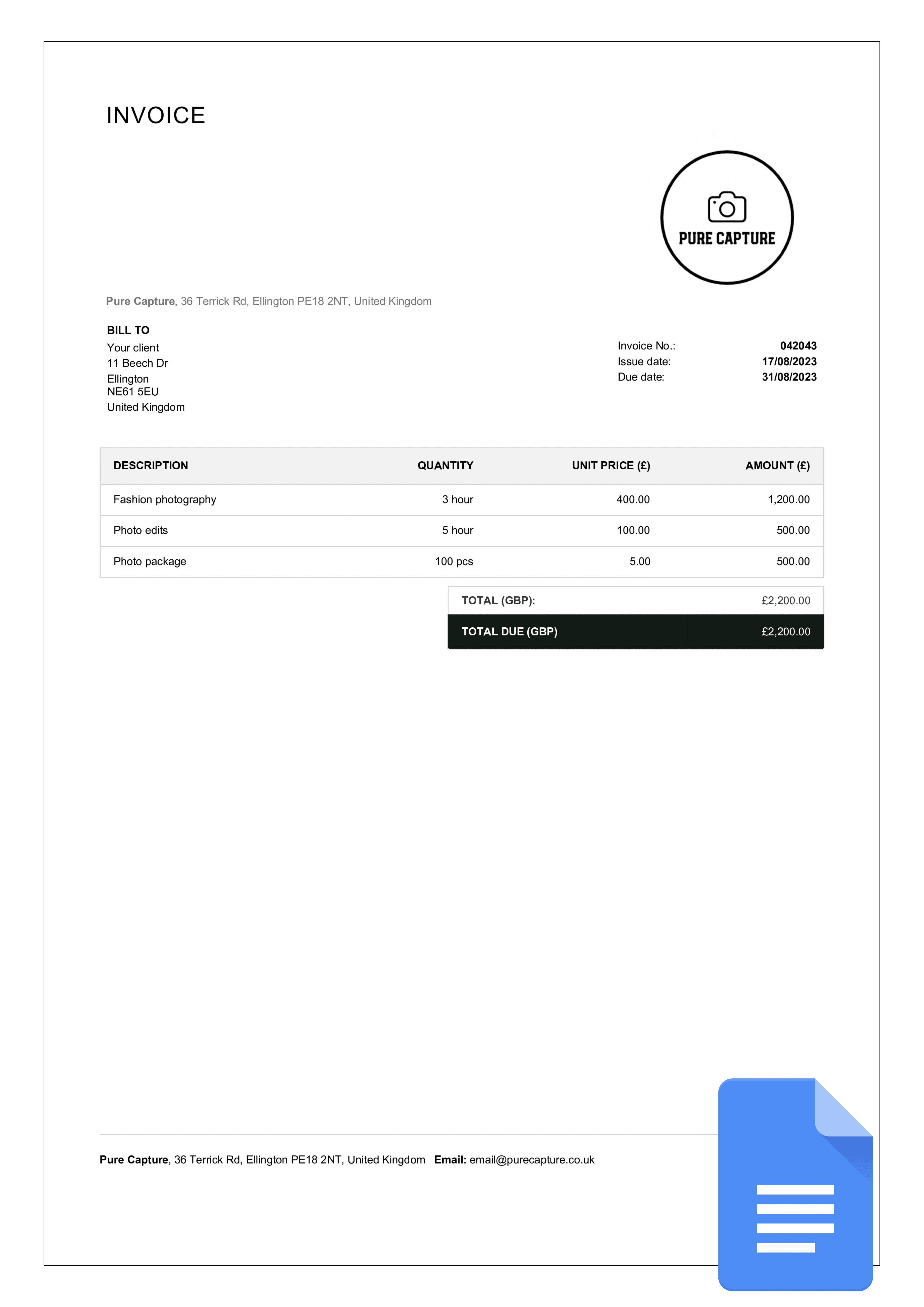 free photography invoice template example in google docs