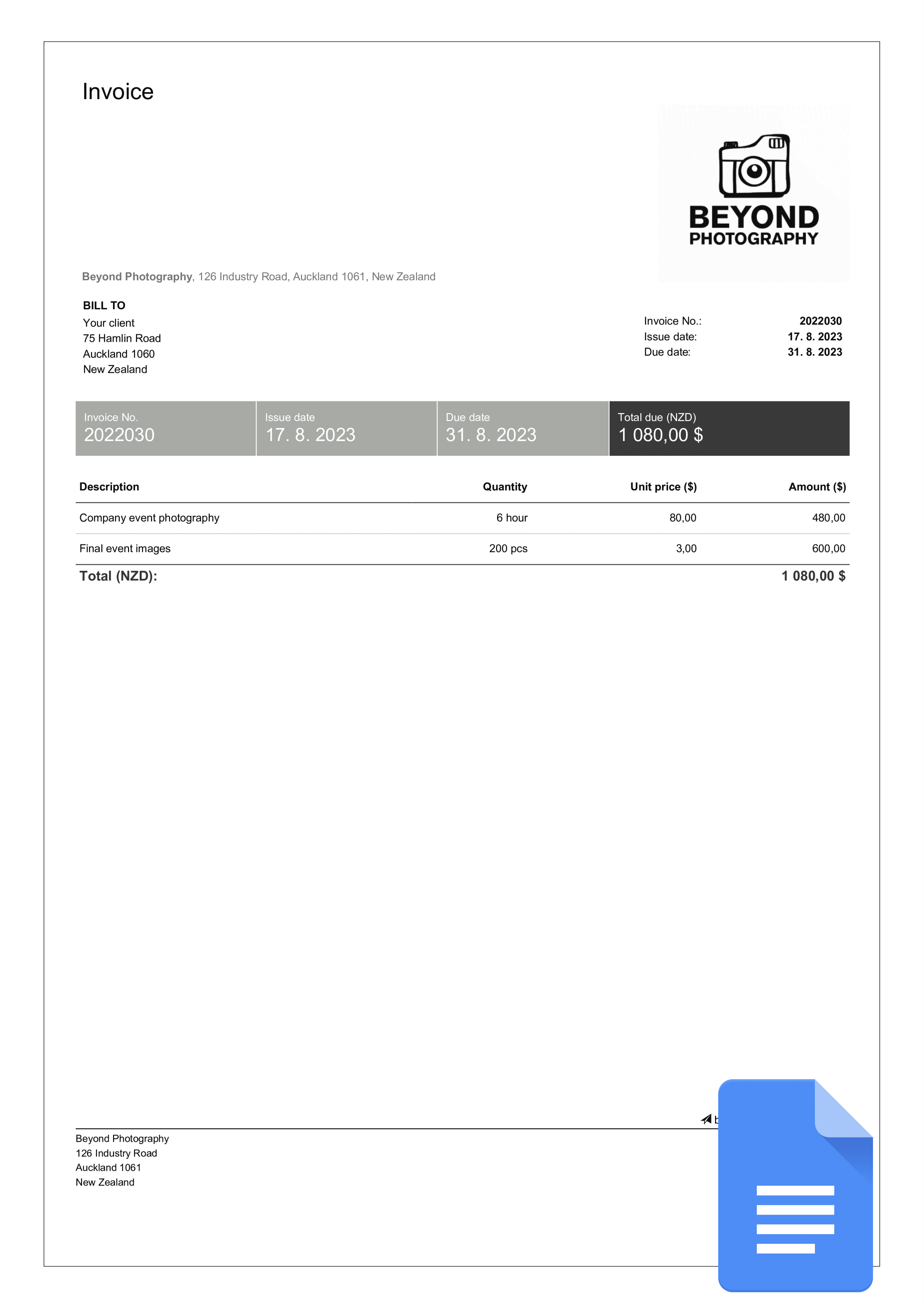 Free Photography Invoice Templates in Google Docs Billdu