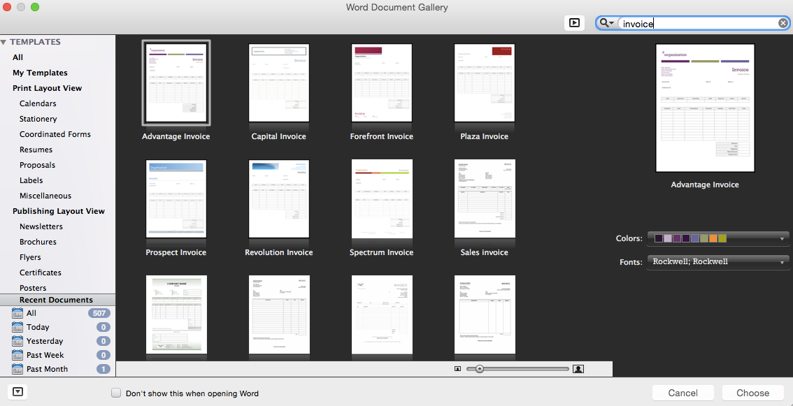 Choose invocie template in Microsoft Word