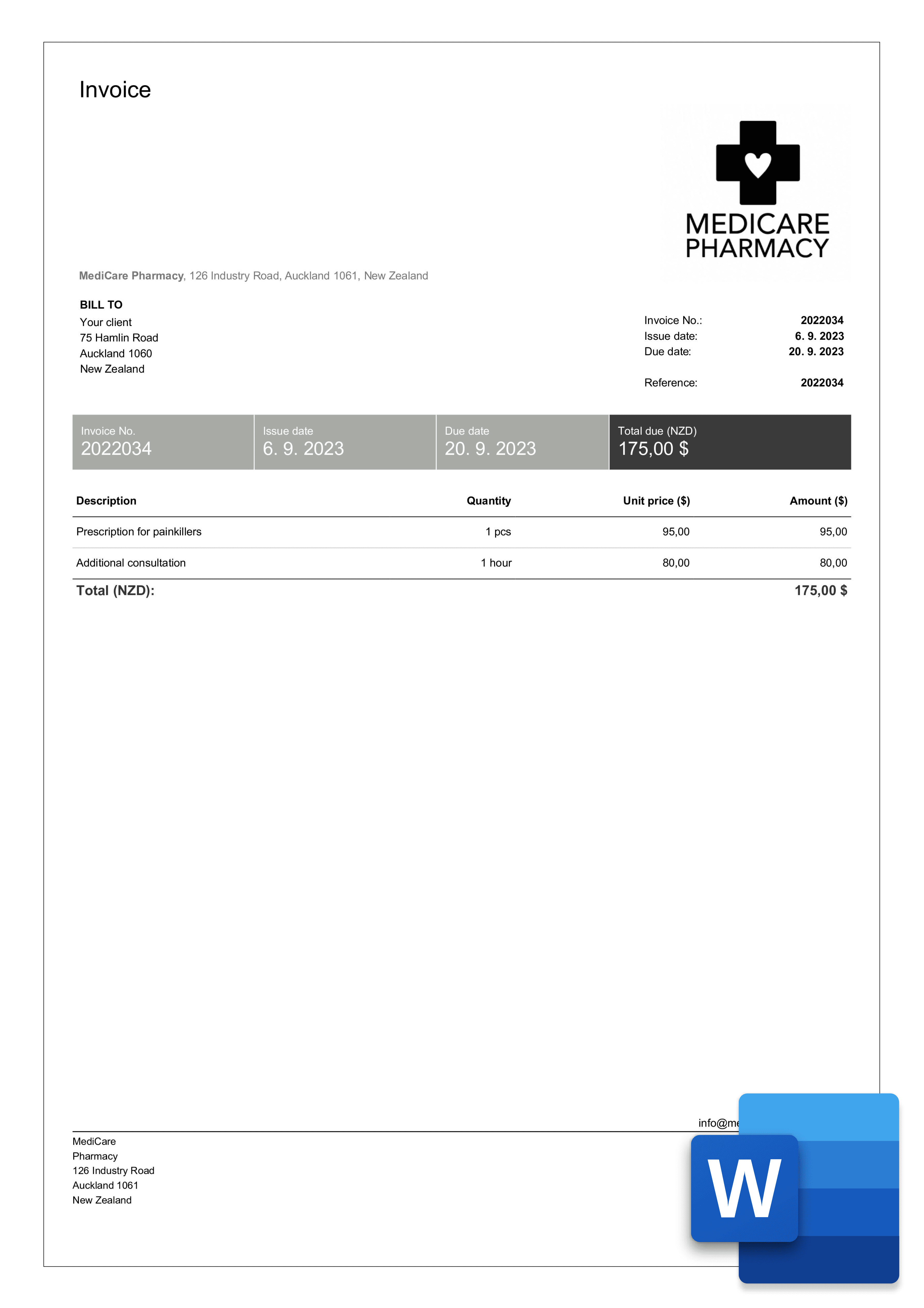 free medical invoice template in word