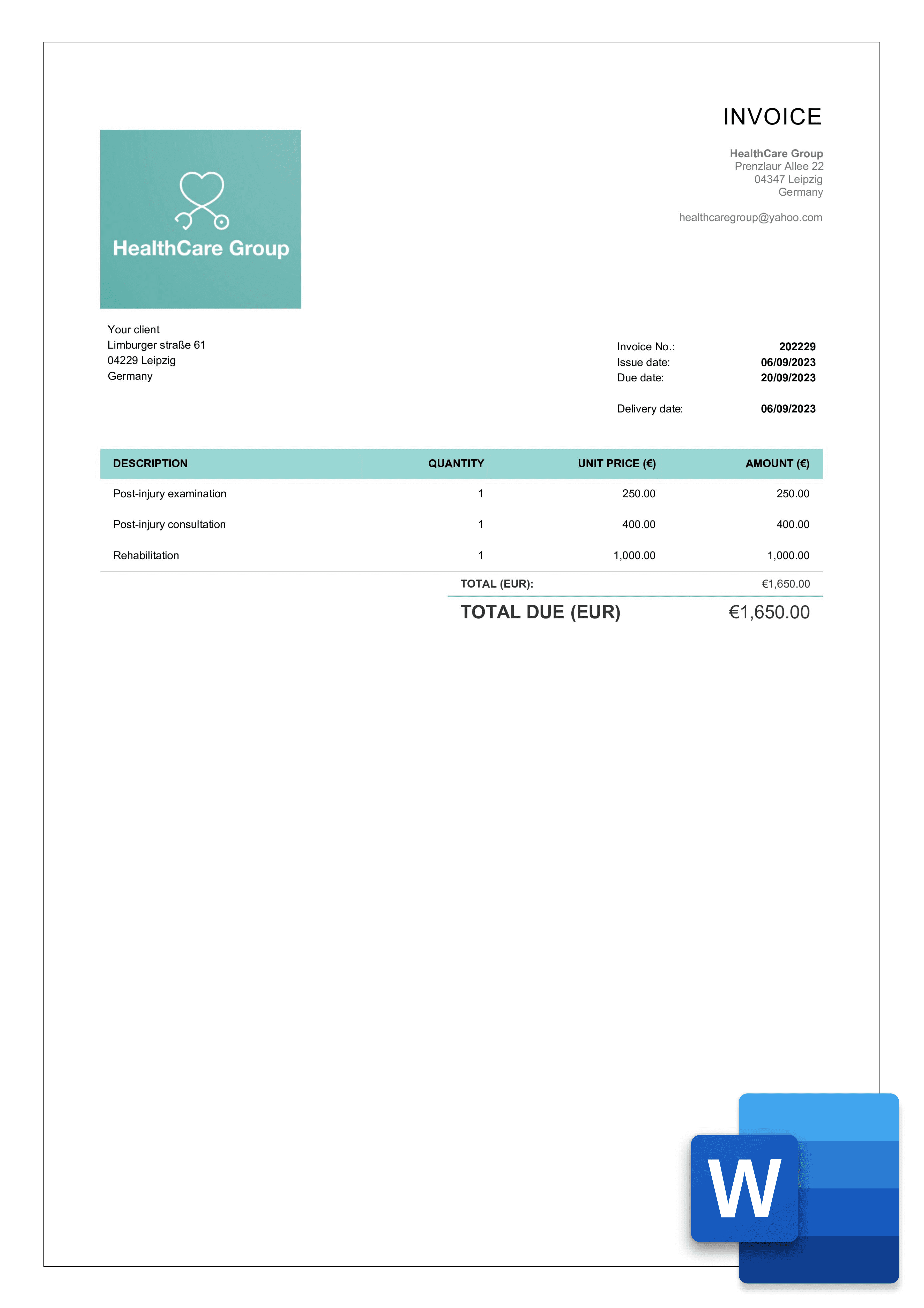 simple word medical invoice bill template