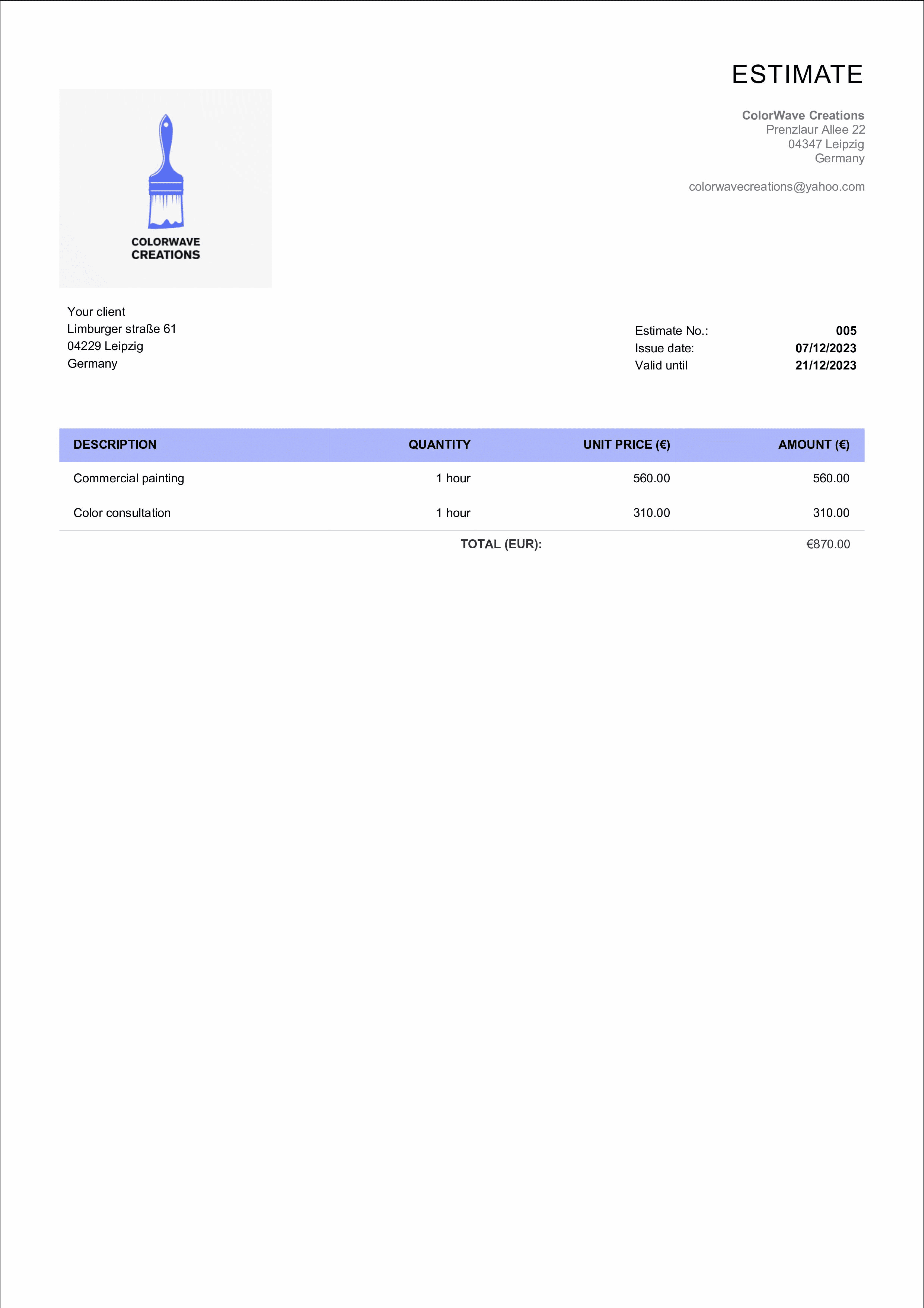 simple painting estimate layout