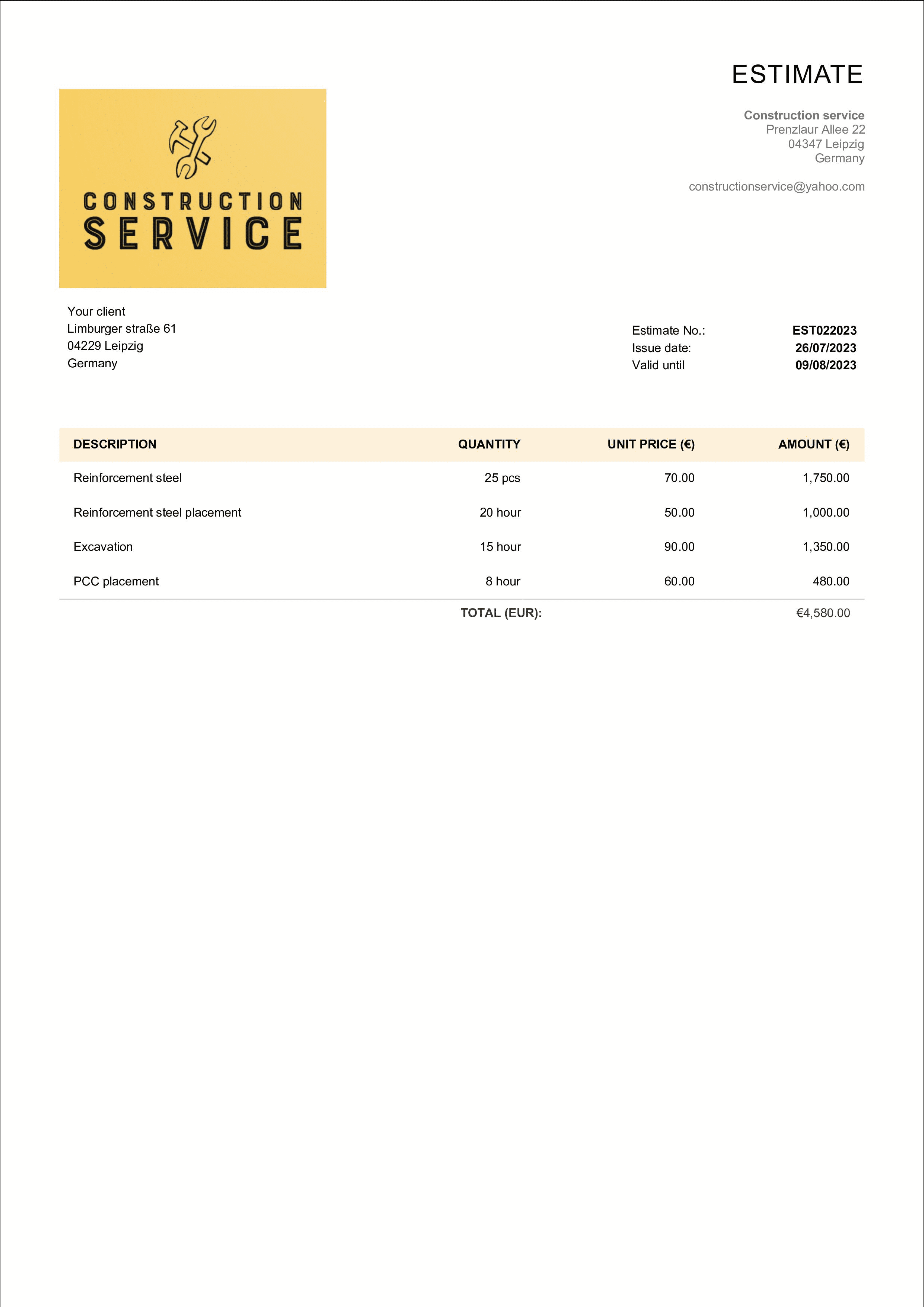 simple contractor estimate sample