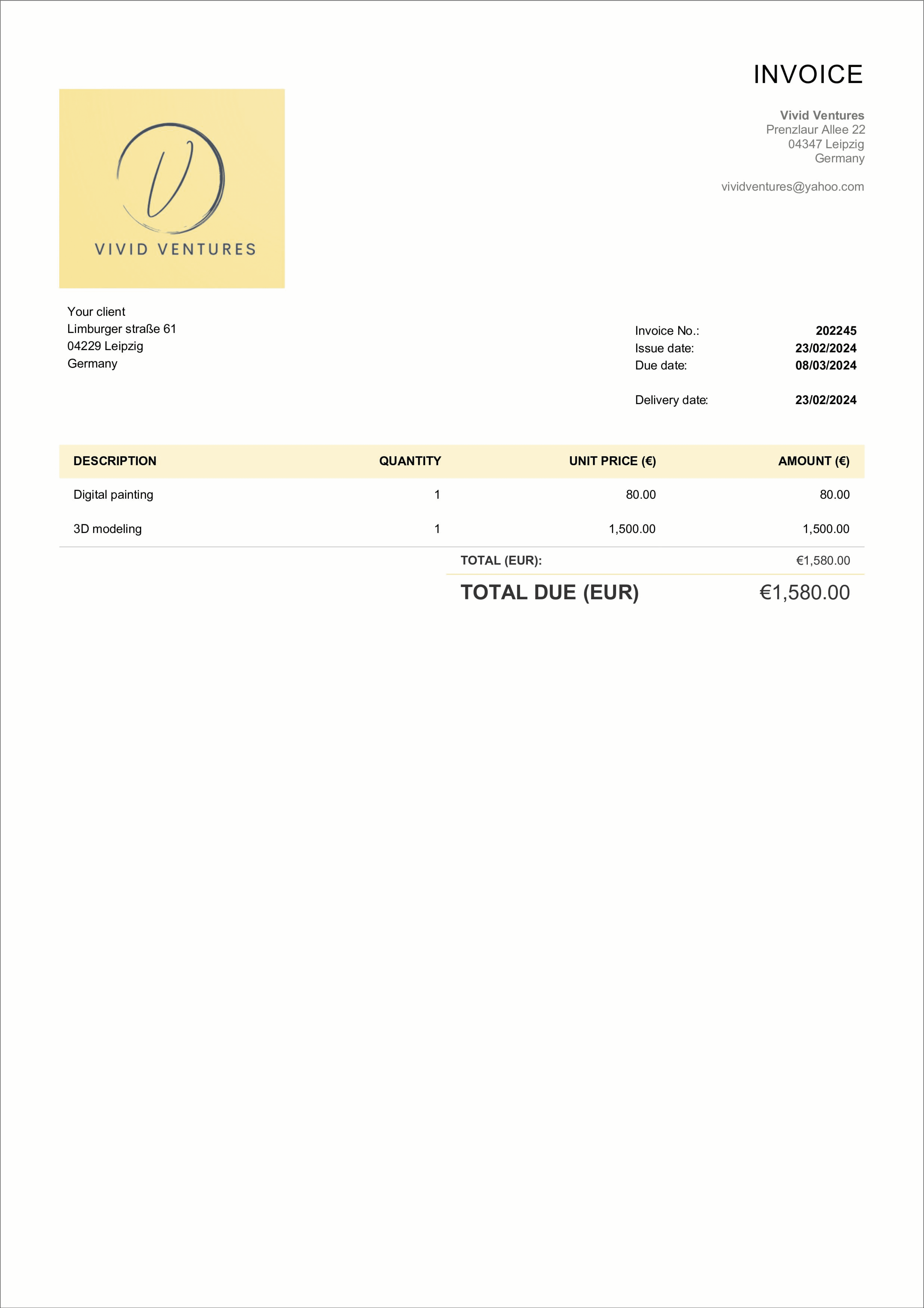 simple artist invoice sample