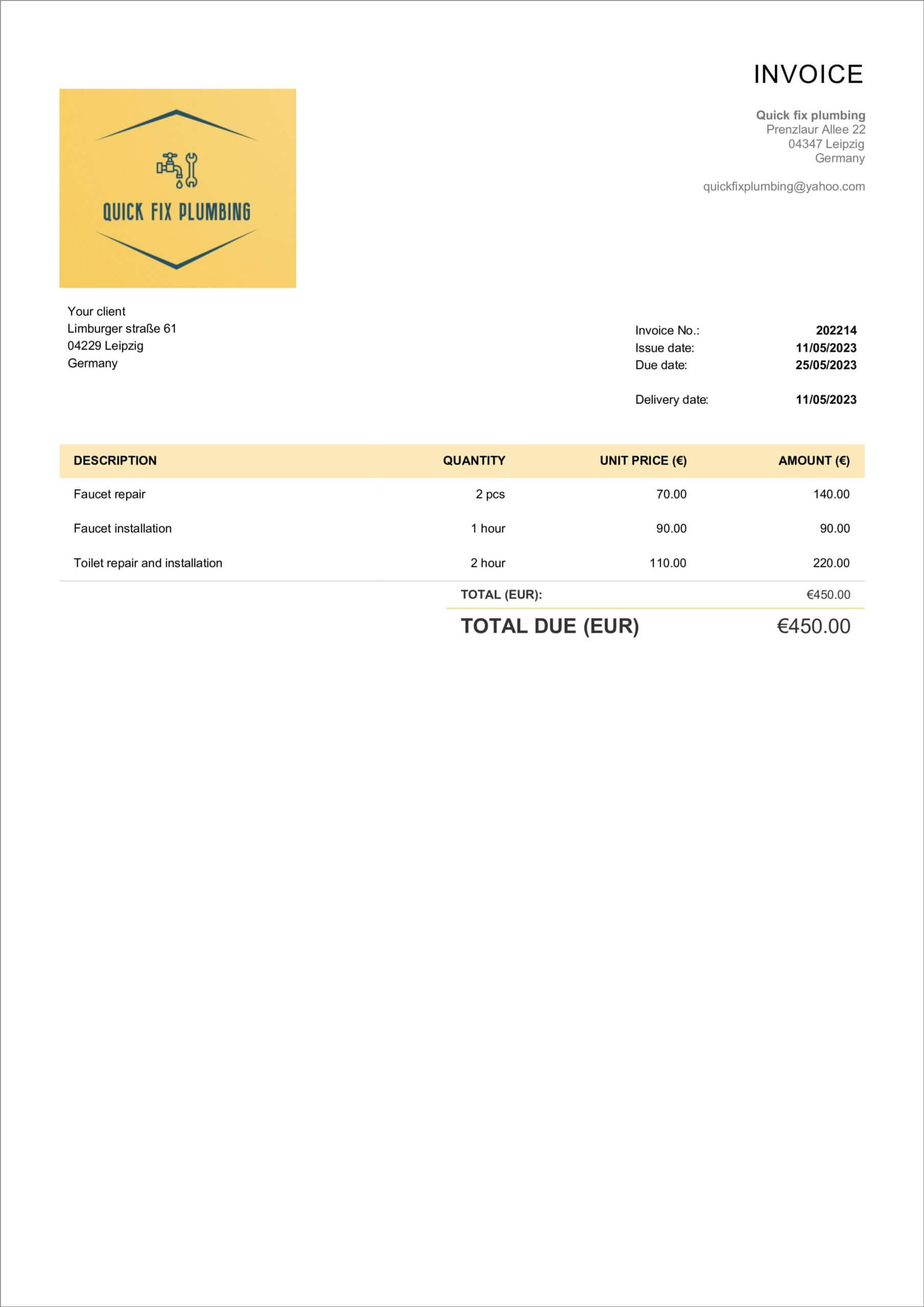 simple repair invoice layout