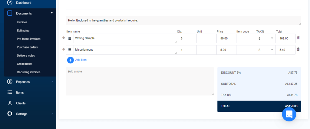 Finish the details in new Purchase order form Add notes