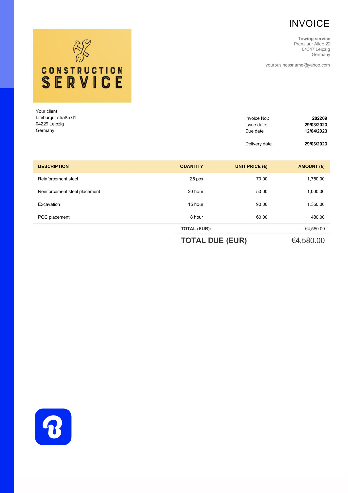 Invoice template for construction services