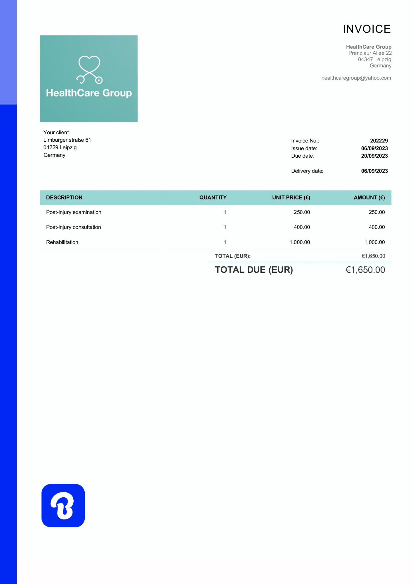 invoice template for health and wellness sector