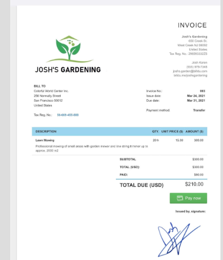 Branded invoice example Billdu